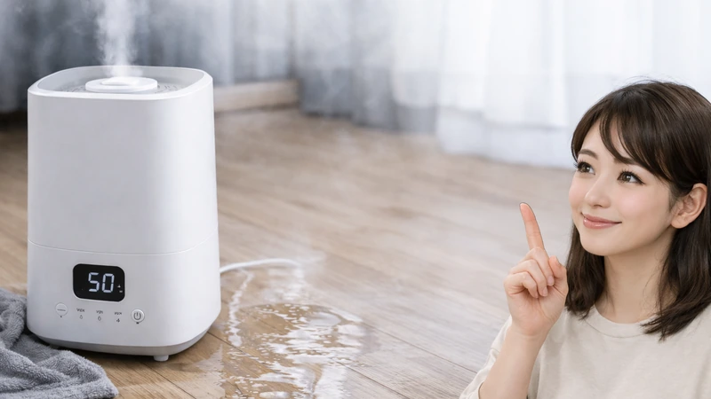 ハイブリッド加湿器で加湿する女性と、床濡れの様子が分かる室内イメージ