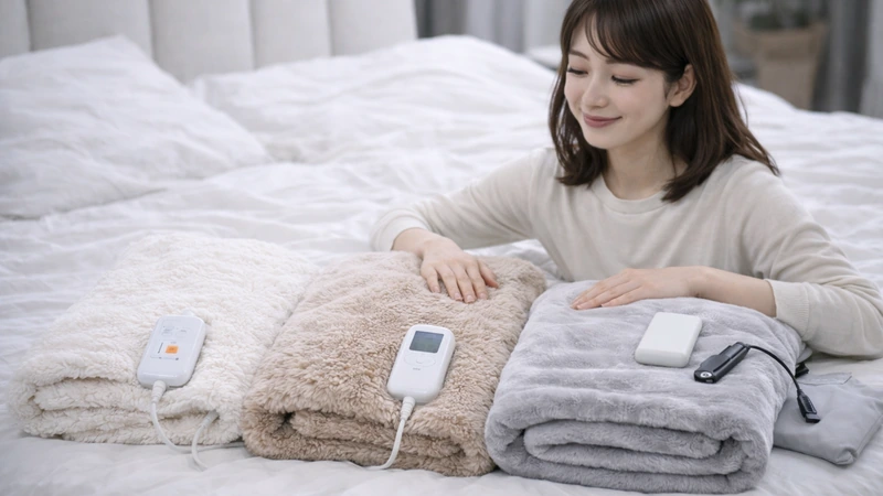 ふわとろ電気毛布をソファで使ってくつろぐ女性（ホワイト系のふわふわブランケット）