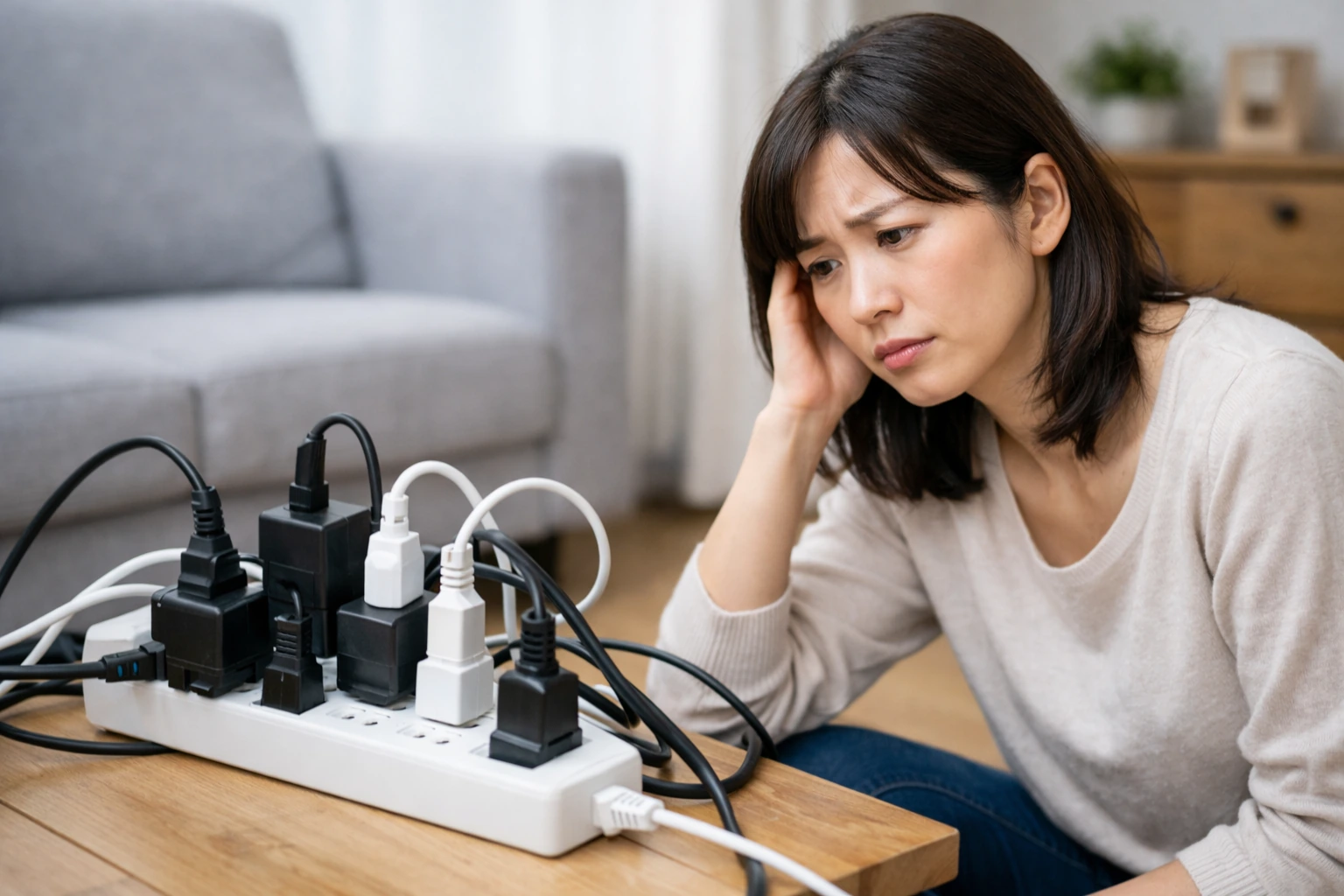 電源タップから複数のコンセントが伸び、困った表情の女性が見つめている様子