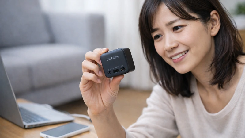 女性が65Wの小型充電器を手に取り、笑顔で確認している様子